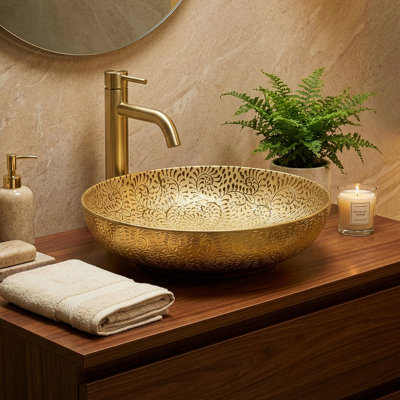 20" x 15" Luxury Gold Vessel Bathroom Sink – Elegant Countertop Vanity Basin, Modern Oval Ceramic Bowl