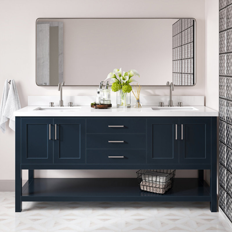 Meuble-lavabo double 73 po Magnolia avec comptoir en quartz blanc pur 1,5 po et lavabo rectangulaire, Rectangular