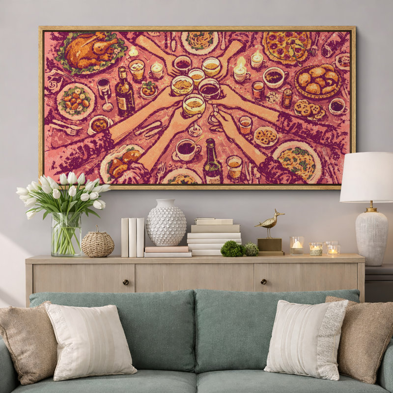 «Dinner Gathering», impression sur toile, impression sur toile encadrée, Cadre naturel, H 30 po x l 60 po x P 1,5 po