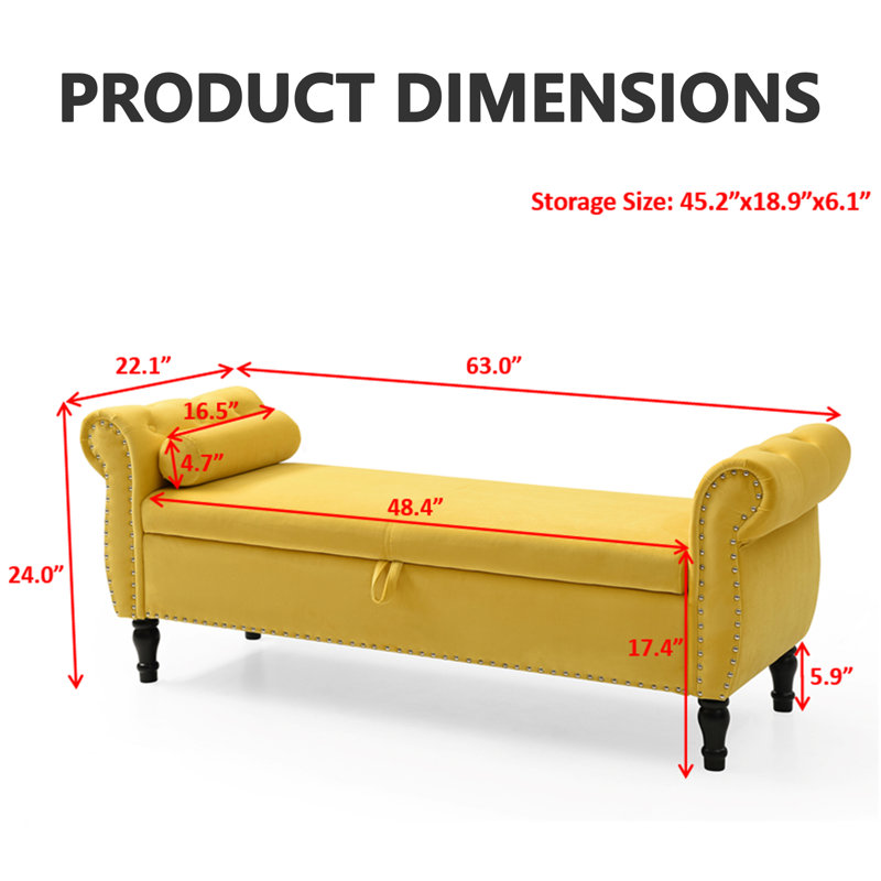 Tabouret de rangement en velours de 63 po avec coussin Fotina, Jaune