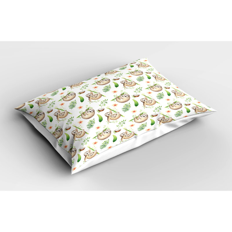 Ambesonne Sloth Pillow Sham 2 Pack Mother and Flowers 26"x20" Pale Brown Green, 20"H x 36"W