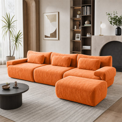 126-inch Orange Frameless Modular Sofa, Convertible L-Shape 4-Seater with 3 Throw Pillows, No Assembly for Apartments & Living Rooms