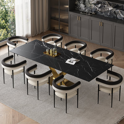 Ensemble de table de salle à manger 9 pièces avec plateau extensible en fritté de 94,5 po et fauteuil rembourré