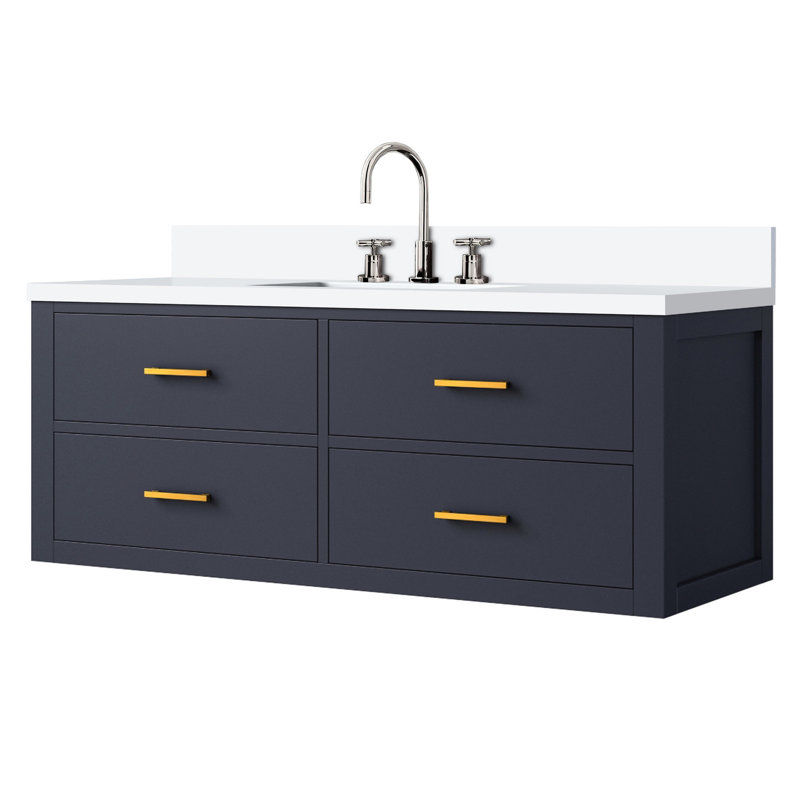 48 po W Bleu, meuble-lavabo de salle de bain bleu, comptoir en quartz blanc, robinet inclus, fermeture en douceur, comptoir en bois massif et objets remarquables, robinet, cadre, panneaux à l'intérieur