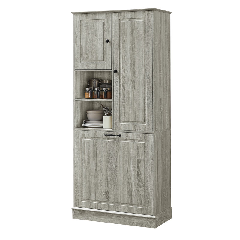 Tall Storage Cabinet With Adjustable Shelves And Flip-Out Basket, Natural