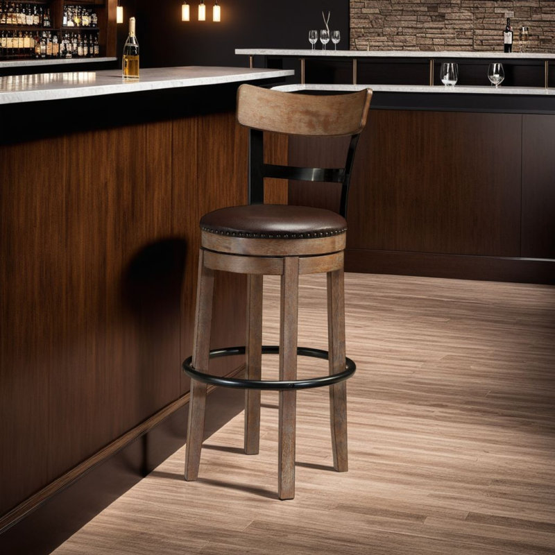 Tabouret pivotant en pin, similicuir brun, Tabouret de bar (siège d'une hauteur de 30,50 po)