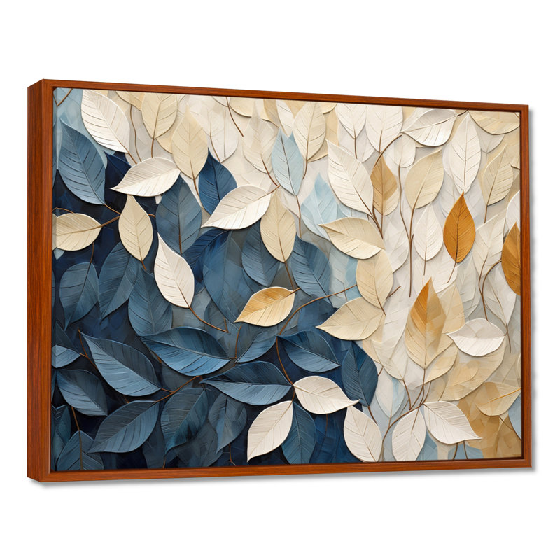 Collage de feuilles minimaliste beige et bleu - feuilles, décoration murale, H 16 po x l 32 po x P 1 po, Brown Floater Framed