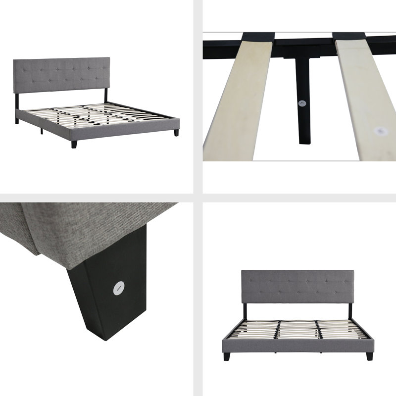 Très grande base de lit tapissier avec tête de lit en tissu de lin, pas de sommier, support de lattes de bois, assemblage facile