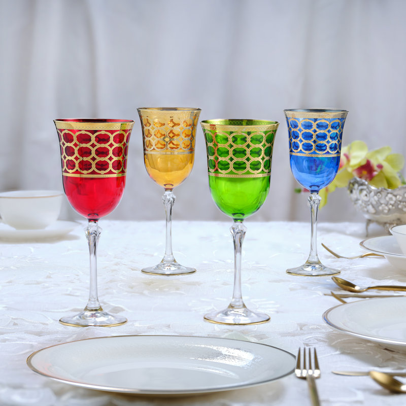 Verre à vin orné d'anneaux rouges Lorren Home Trends, ensemble de 4, Vert / Bleu / Rouge