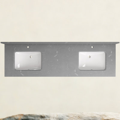 L 72 po x P 22 po avec comptoir de meuble-lavabo gris encastré en pierre reconstituée avec comptoir rectangulaire et drain encastré Dosseret en H et trou de robinet pré-percé