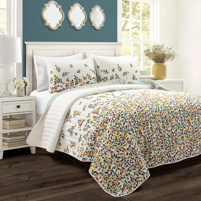 Boho Botanical Leaf Turquoise/Tangerine Microfiber Reversible 3 Piece Quilt Set