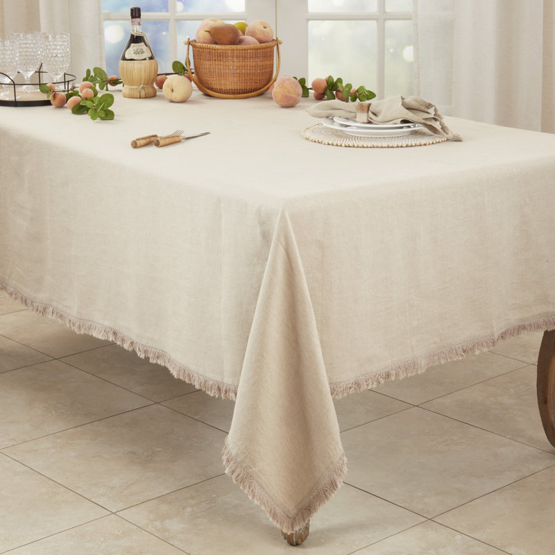 Nappe à franges en lin Stonewashed, L 59 po x L 102 po, Crème