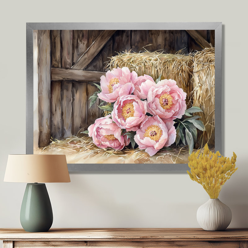 Dortha Farm, pivoines dans le Hayloft I - pivoines, art mural, Reproduction encadrée d'une seule photo, Argent argent