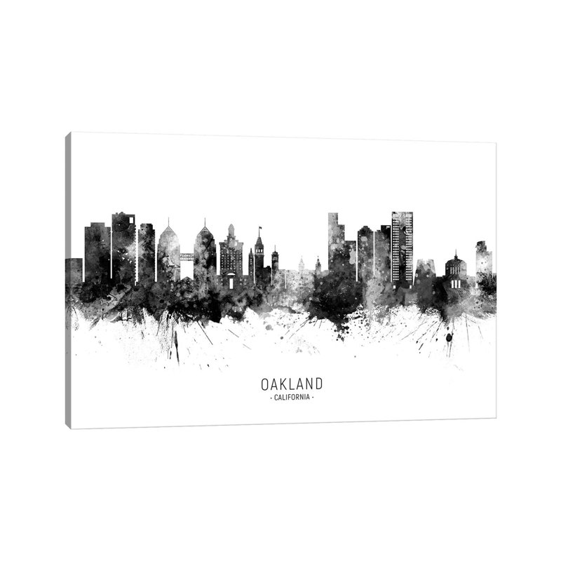 «Oakland California Skyline Name Black and White» par Michael Tompsett - impression sur toile tendue