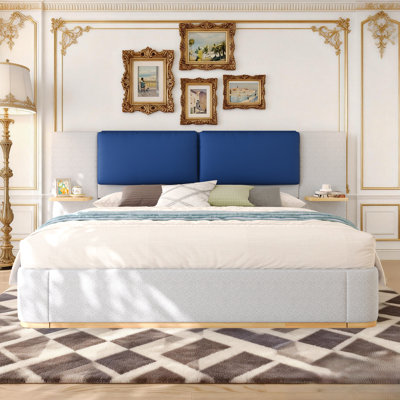 Upholstered Platform Bed with Extended Headboard and Floating Nightstand, Low Profile Bed Frame without Footboard, Grey Blue, King