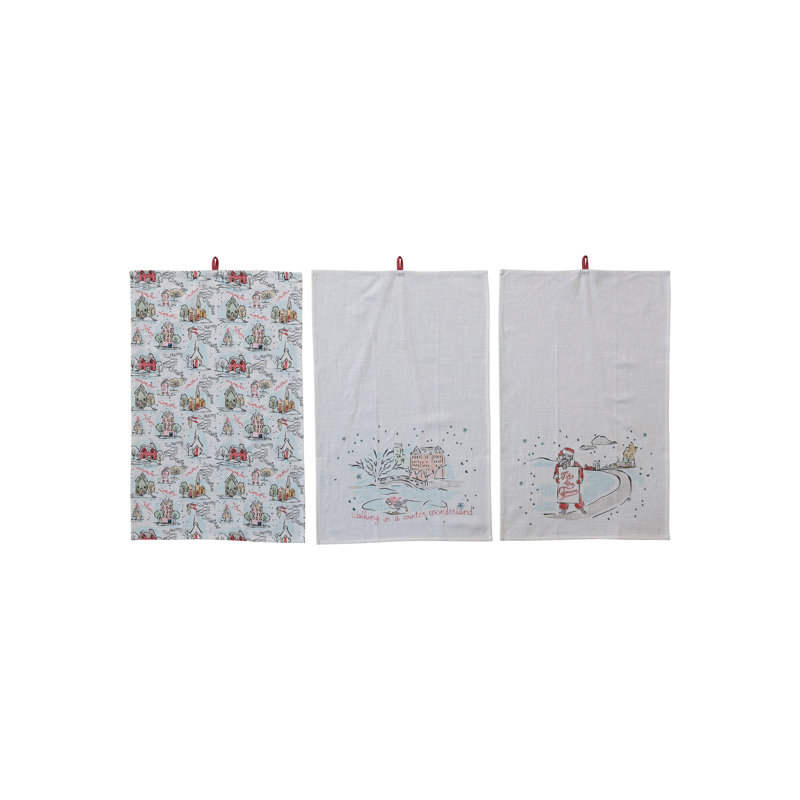 Cotton Printed Tea Towel With Holiday Scene/Pattern, Saying And Loop