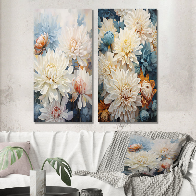 «White Mums In Blue Dream», ensemble de 2 reproductions d'art sur toile, H 28 po x l 25 po, Toile tendue