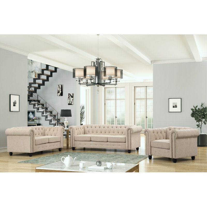 Anavi 3-Piece Tufted Living Room Set, Beige, 100% Linen