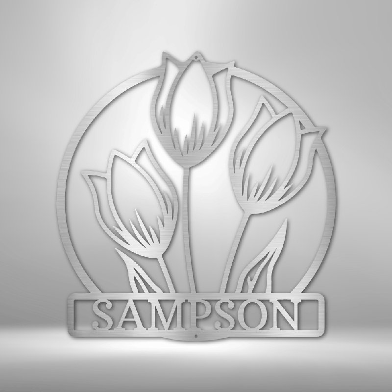 Personalized Wild Tulip Monogram Steel Sign Steel Art Wall Metal Decor, Silver, 14.25" H x 14.5" W x 0.5" D, Yes