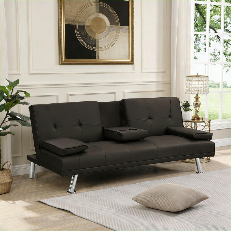 Fauteuil convertible inclinable convertible pour adultes, avec porte-gobelets, structure en bois massif, capacité de poids de 600 lb | Brun foncé | PVC