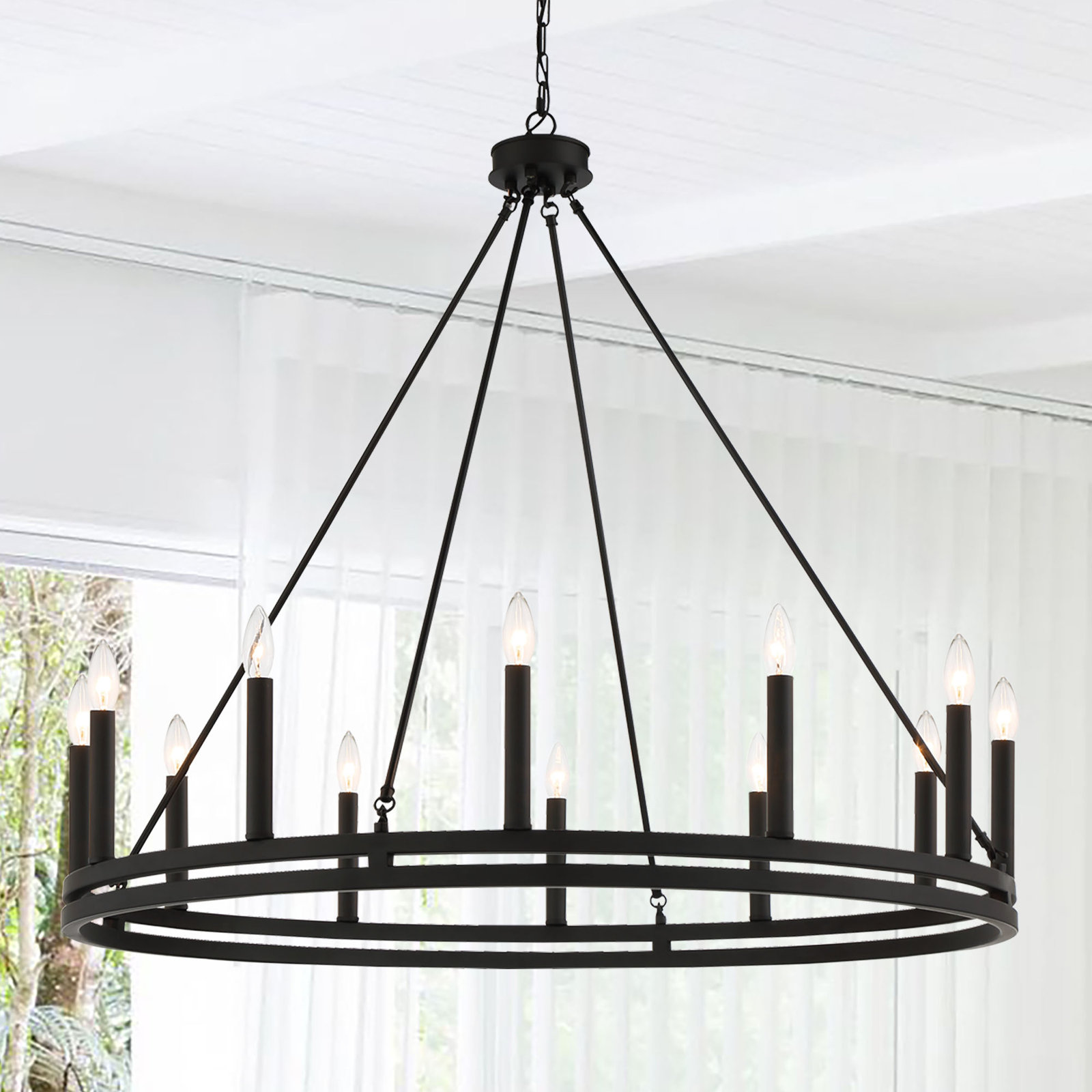 Madalyn 12 - Light Candle Style Wagon Wheel Chandelier, Ebony