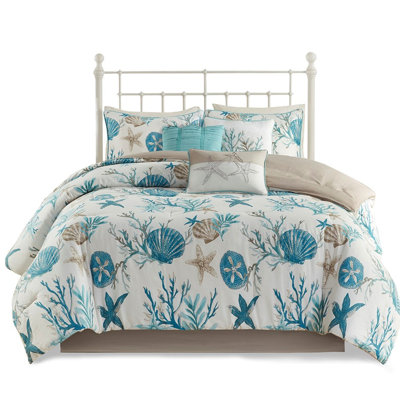 7 Piece Comforter - King Cotton With Printed Shells, Starfish, Corals & Filling Pebble Beach Bedding Long-Lasting
