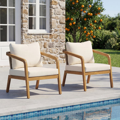Fauteuil club d'extérieur en bois d'acacia avec dossier et coussins en osier PE (ensemble de 2) - Fauteuil d'appoint moderne pour balcon, bord de piscine et véranda