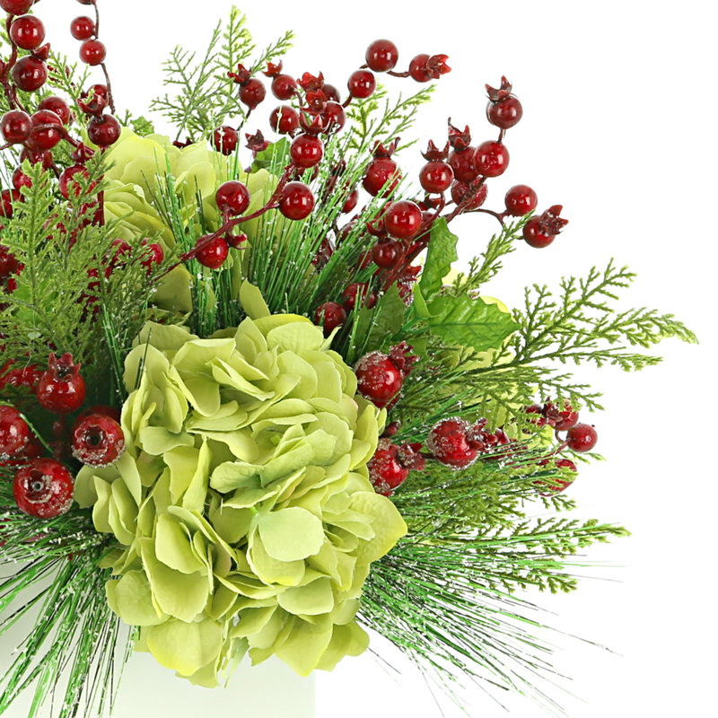 Hydrangeas and Berries Embellished with Festive Greens