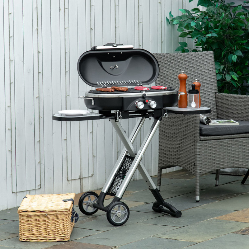 Ahmo Foldable Gas BBQ Grill 2 Burner Garden Barbecue Trolley w/ Lid