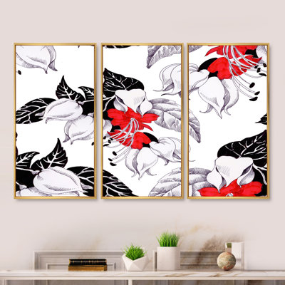 Fleurs rouges et blanches avec feuilles noires I - reproduction de cadre flottant 3 pièces sur toile