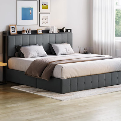 King Bed Frame with Lift Up Storage, Upholstered Velvet Bed with Storage Headboard