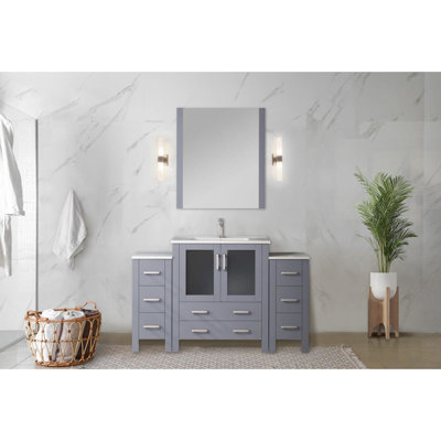 Dark Grey Single Bath Vanity 54 In. In Dimensions, Featuring Side Storage Zones, White Ceramic Sink Counter, 28 Wall - Mounted Mirror, Soft Close Drawer Movement, Wood Based Vanity, And Plywood