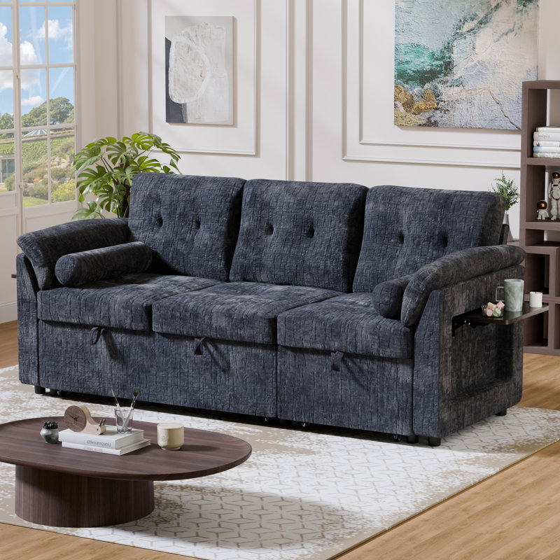 Modern Pull-Out Sofa Bed With Hidden Storage & Built-In Side Table, Convertible Sleeper Couch With Tufted Cushions, Blue