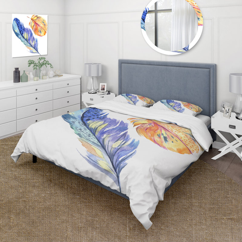 Ensemble de housse de couette bohème et éclectique coloré en plumes d'oiseaux colorés - microfibre de polyester