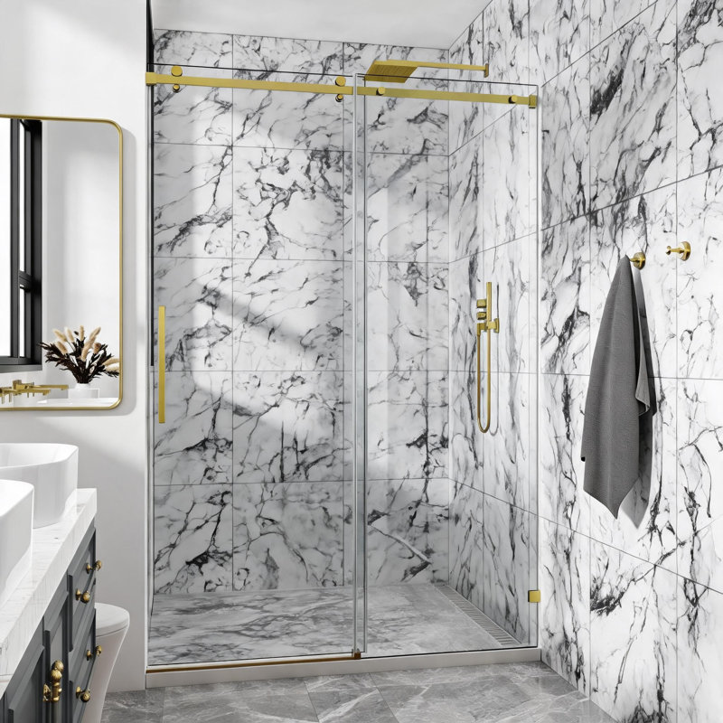 Porte de douche fixe et coulissante en verre transparent, en acier inoxydable doré, avec quincaillerie à tubes carrés, de 152 cm x 193 cm.