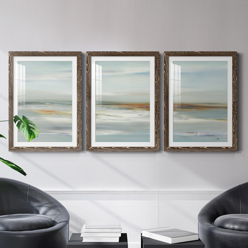 «Calm Viewpoint III», ensemble de 3 reproductions d'art encadrées, H 28 po x l 60 po x P 1,5 po, Papier, cadre noyer, Blanc