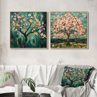 Arbre de fleurs de tilleul rose I - art mural cerisier en fleurs - art mural moderne sur toile 2 pièces