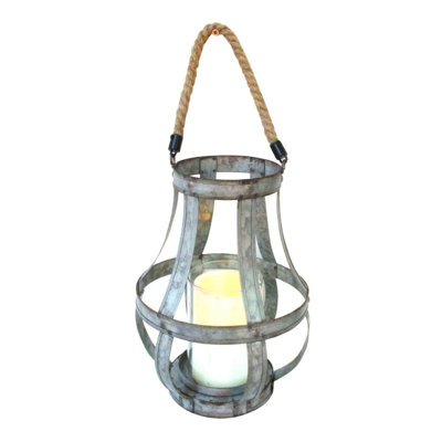 Glass Hurricane Candle Holder Lantern, Rope Handle, 12 Inch Gray