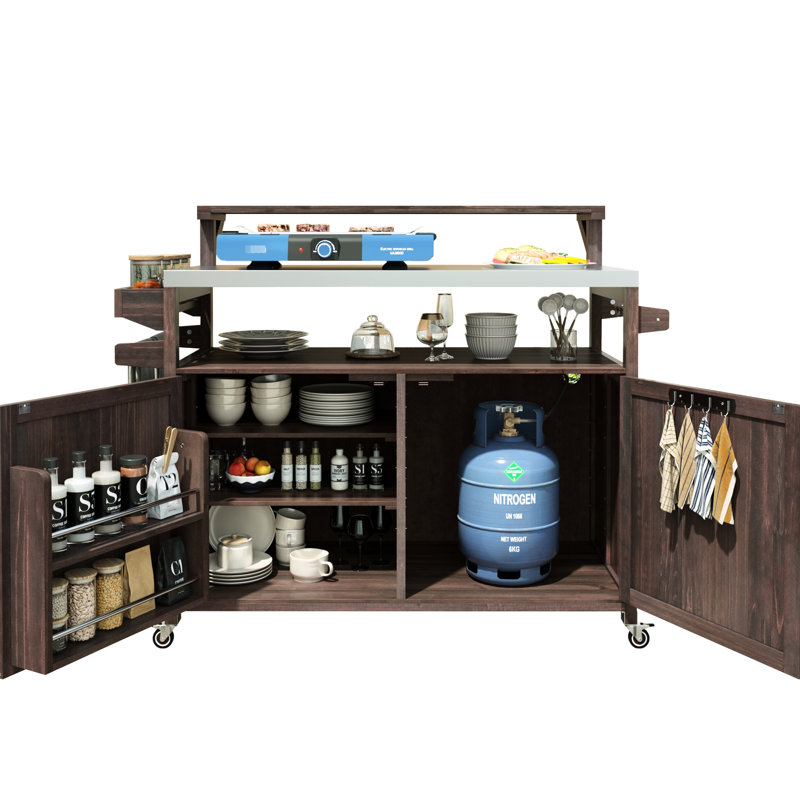 Îlot de cuisine extérieur 53,3 po - Plateau en acier inoxydable et support à épices, Brun