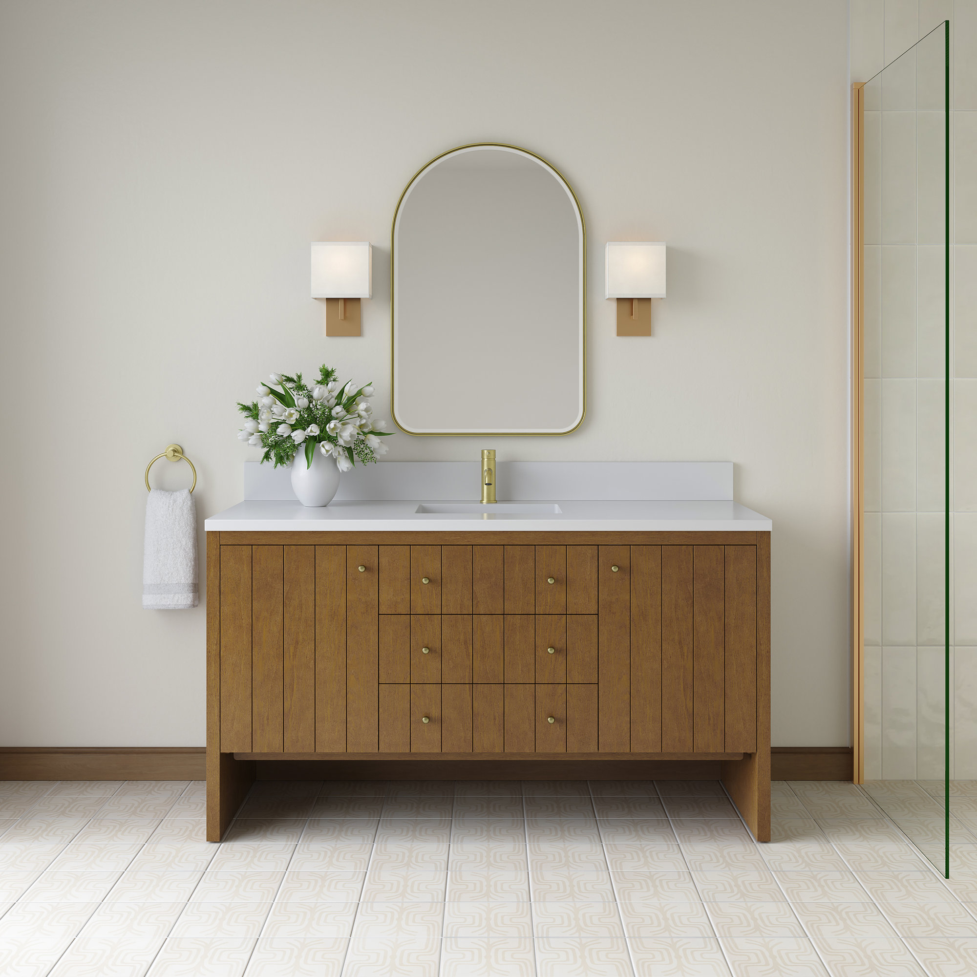 Hudson 60'' Single Bathroom Vanity, Single-Hole, Honey Brown, White Zeus