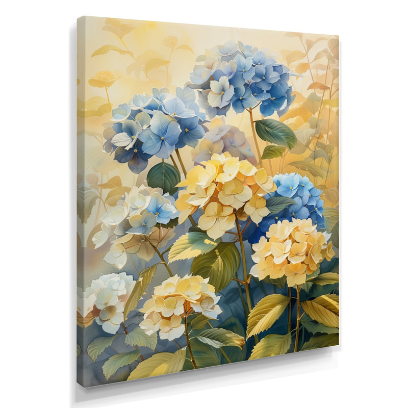 Blue Yellow Blooming Garden Hydrangea - Hydrangea Wall Art Print, 24" H x 32" W, Wrapped Canvas