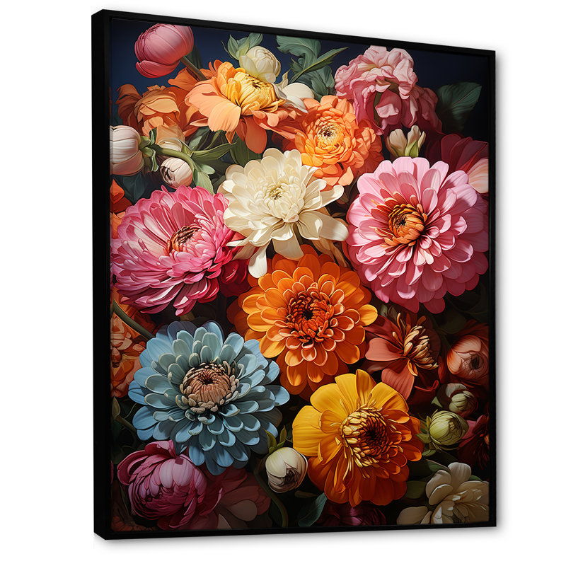 Beautiful Pastel Zinnias Blooms II - Flower Wall Art, Black Floater Framed, 44" H x 34" W x 1.5" D