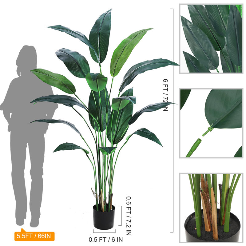 Artificial Bird Of Paradise Plant 6FT(72In) Fake Palm Tree With 17 Trunks Faux Leaves