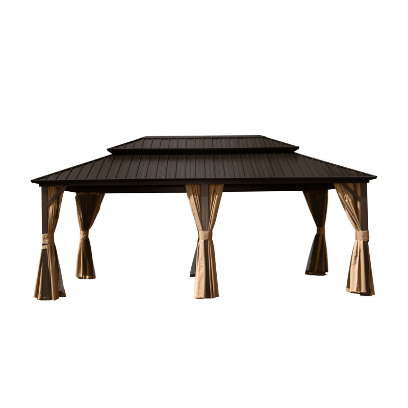 12' X 18' Gazebo, Aluminum Metal And Galvanized Steel. Privacy Curtains For Private Space. Brown 12X18ft Made Of Materials. Insect-Repellent Netting.