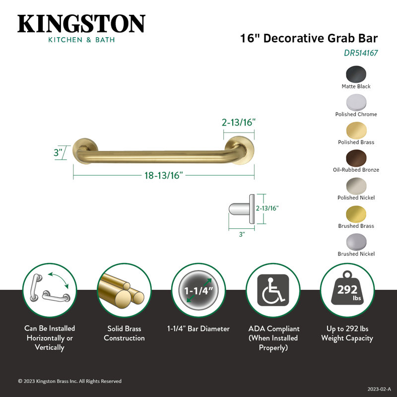 Kingston Brass Meridian 1-1/4 Inch O.D Grab Bar, Brushed Brass, 2.81" H x 18.81" L