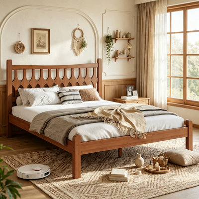 Solid Bamboo Platform Bed with Diamond Cutout Headboard, Low‑Profile Bamboo Platform Bed with Wood Slats support and No Box Spring Needed for Apartment, Full Size, Brown