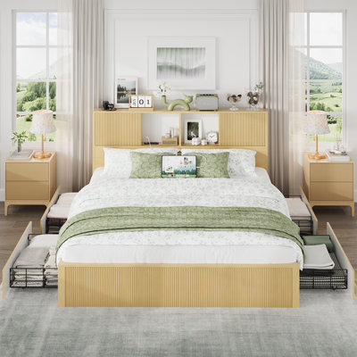 Fluted King Size Bed Frame With 4 Drawers,Wooden Platform Bed Frame With Storage Headboard Charging Station