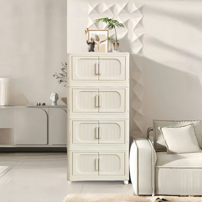 Cream White,19.69" Side Wide Folding Storage Cabinet ,4 Tiers,19.69"×11.81"×40.55",Collapsible Storage Bins With Magnetic Door, Plastic Storage Cabinet With Wheels