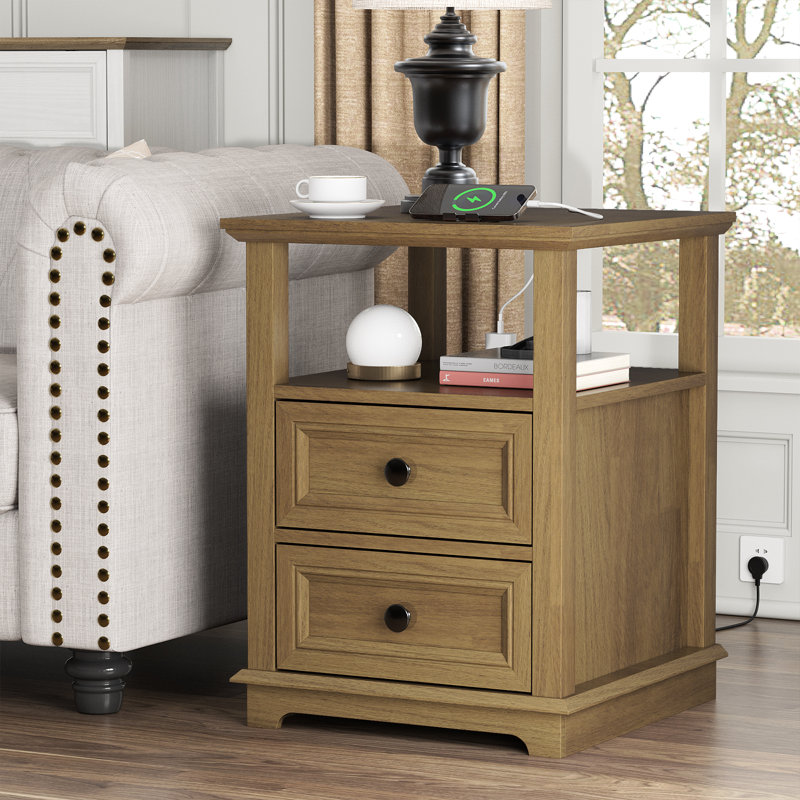 Azella Frame 2 End Table Set with Storage and Built-In Outlets, Light Brown Top/Light Brown Base