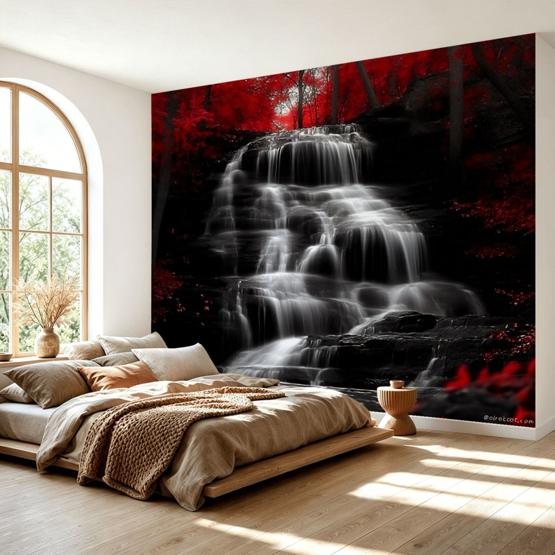 Papier peint adhésif noir et blanc avec cascade de bois et feuilles de forêt, L 100 po x l 144 po